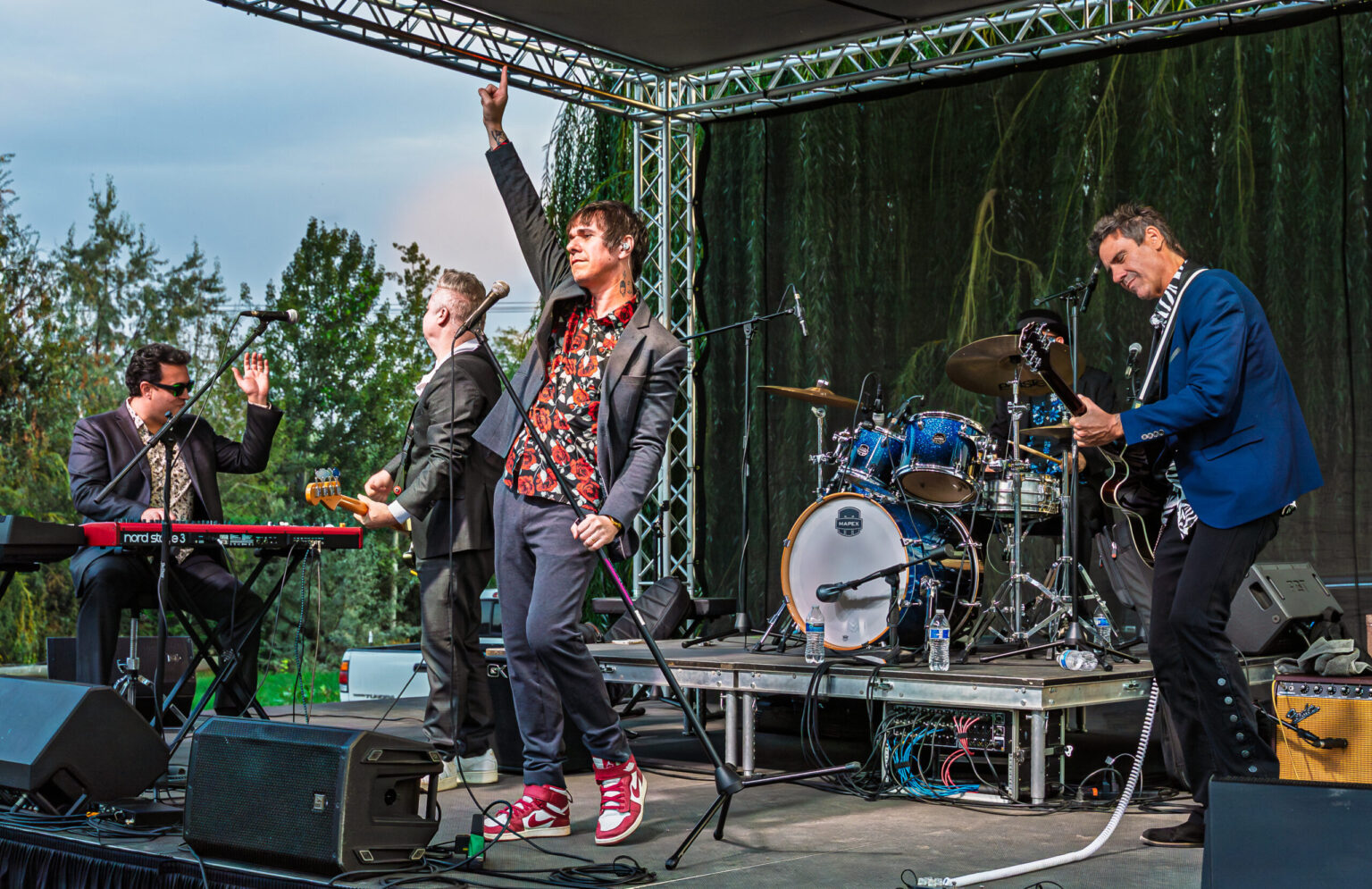 Live band performing energetically on outdoor stage